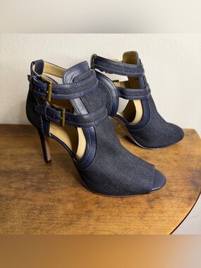 Michael Kors Blaze Open Toe Bootie Admiral Navy Blue Jean Gold Tone Buckle Heels